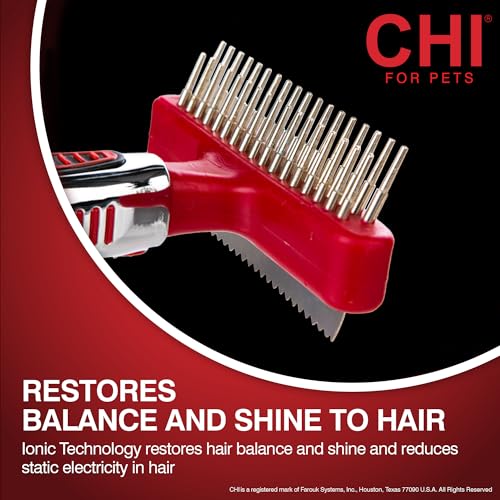 CHI for Dogs Double-Sided Shedding Rake and Blade, 2-in-1 Grooming Tool for Dematting, Deshedding, and Undercoat Removal, Ionic Technology, Ergonomic Soft Grip Handle, All Coat Types, Red | 2-in-1 grooming tool, for dematting, deshedding, and undercoat re