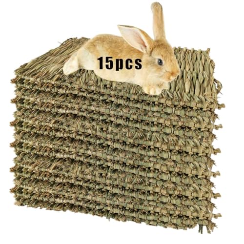 Hamiledyi 15 Pack Woven Bed Mat for Rabbits - Grass Mat & Bunny Bedding Nest - Natural Chew Toy Bed for Guinea Pig Chinchilla Squirrel Hamster Cat Dog and Small Animal