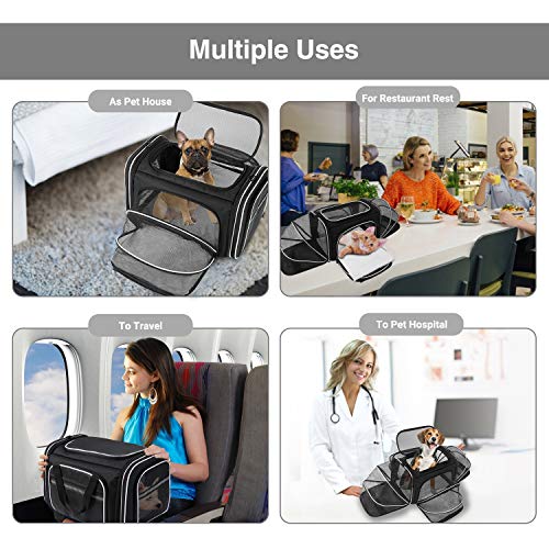 TSA Airline Approved Large Pet Travel Carrier,4 Sides Expandable with 2 Mesh Pockets,3 Entry, Soft Sided Collapsible Dog Carrier for 2 Cats,Kittens,Puppies,Dog, X-Large, Black & White