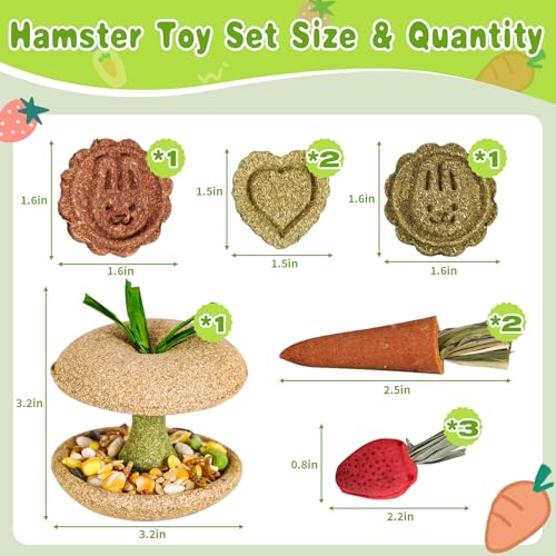 10 PCS Hamster Chew Toys, Guinea Pig Chew Toys for Teeth Natural Timothy Chinchilla Treats Apple Core, Grass Cake, Carrot and Strawberry for Gerbil, Rat, Rabbit and Small Animal Dental Care