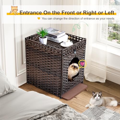 Snughome Cat Litter Box Enclosure Furniture Hidden with Litter Mat, Hidden Cat Washroom Furniture with Door, Handwoven Rattan Cat Washroom Box, Indoor Pet House for Living Room, Bedroom (Brown) - color: Brown