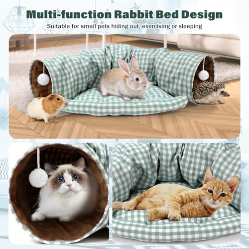 BWOGUE Bunny Tunnel Bed, 2-in-1Collapsible Rabbit Tunnel Hideout with Mat | Removable Mat for Washing, Ball Toy for Play, Tunnel Tubes for Hiding, GreenPlaid Soft Suede Fabric, Cats Rabbits Guinea Pigs - color: GreenPlaid