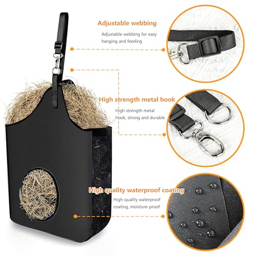 Hay Bag Hanging Goat Feeder Tote with Adjustable Strap | Premium Oxford Cloth with metal ring,Breathable mesh sides,for Horses Donkeys Cows Alpacas Ostriches & Other Animals,Black - color: black-1