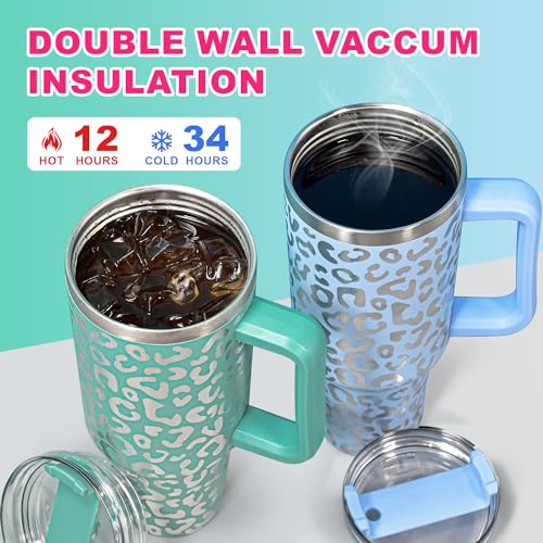 40 oz Tumbler with Handle and Straw, 100% Leak-Proof Travel Mug, Stainless Steel Double Wall Vacuum Insulated Coffee Cup Keeps Cold For 34 Hours, Dishwasher Safe, Hot Pink Leopard - color: Hot Pink Leopard