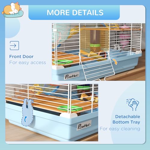 PawHut 18" 5 Tier Hamster Cage with Tubes and Tunnels, Small Animal Cage with Portable Carry Handle, Gerbil Cage with Water Bottle, Food Dish, Exercise Wheel, Light Blue | Small Animal Cage, Portable Carry Handle, Water Bottle, Food Dish, Exercise Wheel -