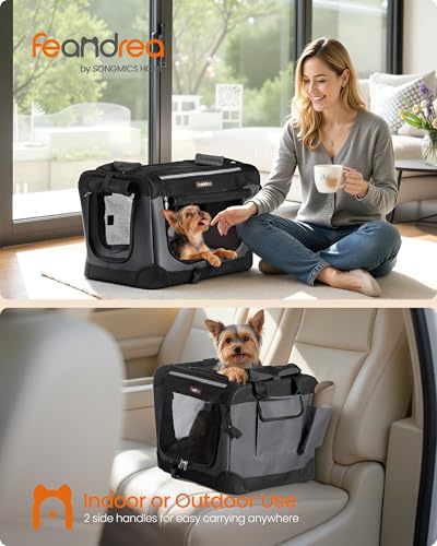 Feandrea Collapsible Dog Crate, Portable Travel Crate, 20-Inch | Oxford Fabric Pet Carrier with 4 Mesh Doors, Handles, Storage Pocket, Water Bottle Holder, UPDC015BH02 - size: S（20"L x 14"W x 14"H）