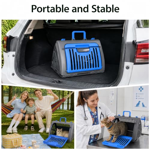 Foldable Portable Pet Carrier, Cat Carrier with Opening Door | Hard-Sided Travel Cat Carrier for Cats & Small Pets up to 25lbs, Blue - color: Blue