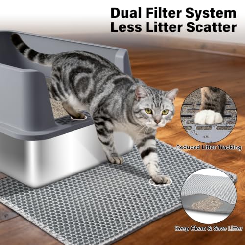 Stainless Steel Litter Box with Lid,XL Extra Metal Cat Litter Box | Large Litter Boxes for Big Cats,Metal Kitty Litter Boxes with Anti-Leakage, High Sides,Easy to Clean,Scoop & Mat Included - color: 573713Gray