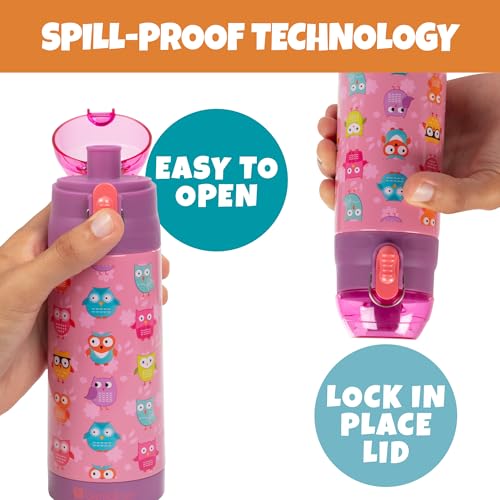 Bentology Stainless Steel 13 Oz Reusable Water Bottle for Kids, Owl | Double Wall Insulated, Spill Proof Lid W/Built-in Straw- Keep Liquids Hot or Cold- Easily Fits in Lunch Boxes & Bags - color: Owl