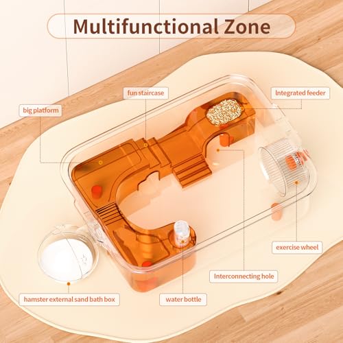Clear Hamster Cage with External Bath, Dwarf Habitat | 14.17"x10.24"x10.24" compact design, transparent PET enclosure with chew-resistant panels for mice, gerbils and small pets - size: 14.2"L x 10.2"W x 10.2"H