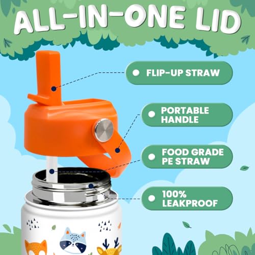 SANDJEST Kids Water Bottle with Straw Lid - 12 Oz Insulated Stainless Steel Animal Water Bottles for Kid Boys Girls - Travel Cup for School Sports - color: Animal 1