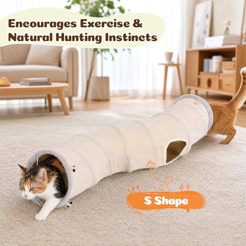 Ownpets S-Shape Cat Tunnel Toy 48"L x 10"D, for Cats, Puppies & Small Pets | Collapsible for storage, tear-resistant oxford fabric, connects to other tunnel, with peek hole, feather wand, indoor/outdoor - size: 10 Inches in Diameter