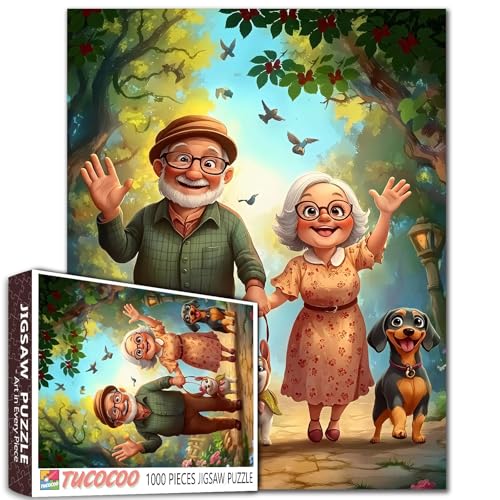 Old Man and Old Woman 1000 Piece Jigsaw Puzzles for Adults Couple Walking Painting Jigsaw Puzzle Cute Animal Dog 1000 Pieces Puzzles 20''x27”inch DIY Craft Puzzle Art Wall Decor Family Challengings - color: Artwork-19