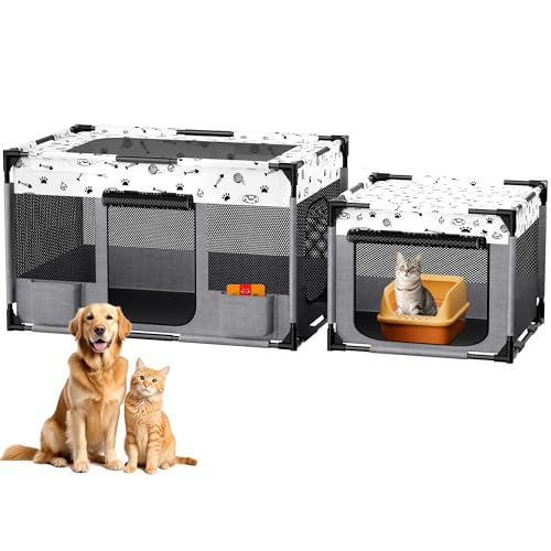 Portable Cat Playpen, Pet Dog Playpen, Kitten Puppy Play Pen for Indoor/Outdoor, Collapsible Cats Cages Enclosed Tent with Carrying Case, PVC Pipe Frame, 600D Oxford, 39" x 24" x 22"