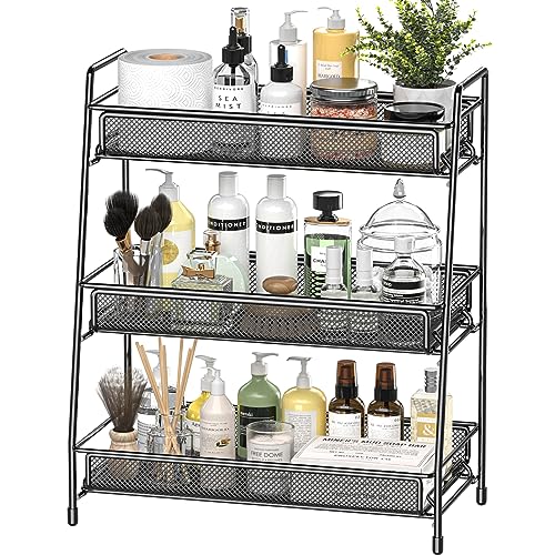 EKNITEY Bathroom Countertop Organizer Rack - 3 Tier Counter Spice Rack | Metal, Non-Slip Base, Makeup Rack, Small Coffee Station Organizer, for Sink Bedroom Kitchen Living room - color: Black