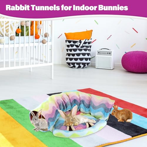BWOGUE Bunny Tunnel Bed, 2-in-1 Collapsible Rabbit Tunnel Hideout with Mat | Removable Mat for Washing, Ball Toy for Play, Tunnel Tubes for Hiding, Soft Suede Fabric, Cats Rabbits Guinea Pigs - color: Rainbow