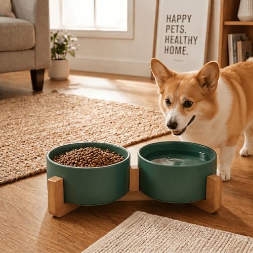 SPUNKYJUNKY Ceramic Dog and Cat Bowl with Wood Stand Non-Slip Matte Glaze Weighted Food Water Set for Cat Medium Dog 28.7 OZ - color: Green × 2, size: 3.6 cups
