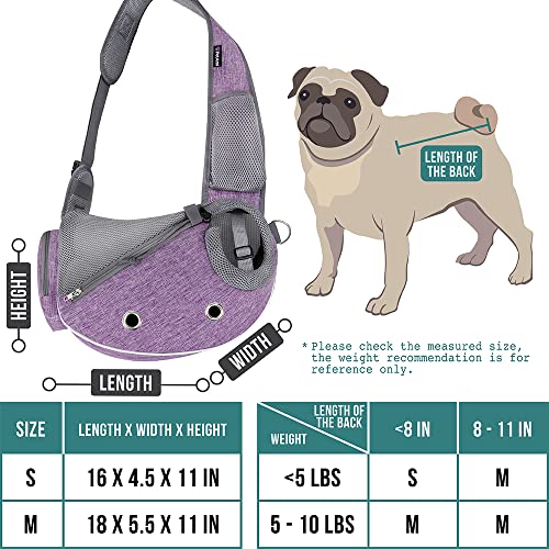 PetAmi Dog Sling Carrier for Small Dogs, Puppy Carrier Purse, Hands Free Cat Sling for Small & Medium Pet, Adjustable Crossbody Travel Bag, Reflective Trim, Poop Bag Dispenser, Max 5 lbs, Purple - color: Purple, size: 16.0"L x 4.5"W x 11.0"H