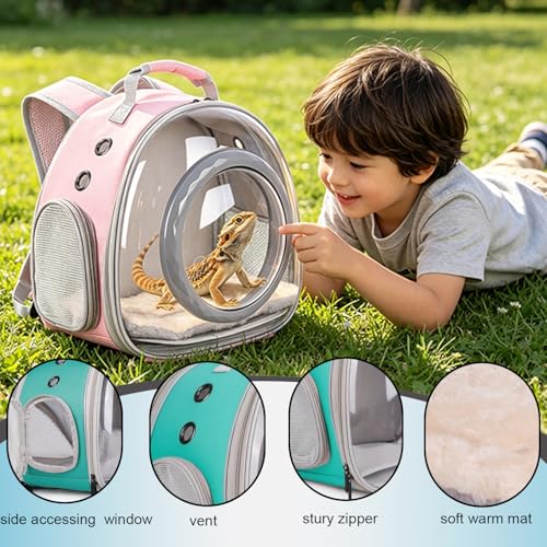 WEVONIGU Bearded Dragon Backpack Carrier with Clear Bubble Dome Window Large Space & Breathable Travel Cage with Soft Mat Airline Approved - color: Pink, size: 8.0"L x 7.0"W x 5.0"H