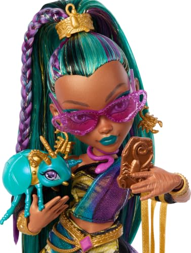 Monster High Nefera De Nile Doll | Royal Mummy in Dress with Pet Scarab Lavish and 7 Accessories like Purse, Laptop, Sunglasses, Drink and Snacks - style: Nefera