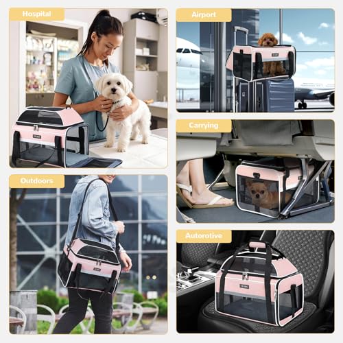Lekereise Top-Expandable Pet Carrier 18x11x11Inch Delta American United Airline Approved Soft Sided Underseat to 15lbs Travel Carriers for Small Dogs Cats with Locking Safety Zippers Anti-Scratch Mesh - color: Pink