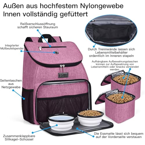 BAGLHER丨Dog Travel Bag, Airline Approved Pet Supplies Backpack, Dog Travel Backpack with 2 Silicone Collapsible Bowls and 2 Food Baskets - color: Light pink-A