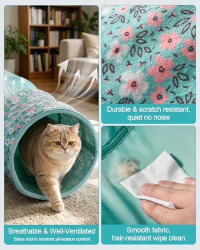 Cat Tunnel, 3 Straight Shaped Tunnels 6 DIY Shapes with Wand Toys, No Noise Scratch Resistant Cool Linen Fabric, Interactive Pet Tunnel Tube for Indoor Cats, Puppy and Rabbits - color: Blue Flower