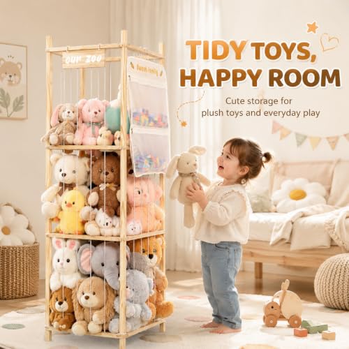 Stuffed Animal Storage Organizer, Large Wooden Zoo Toy Holder with Pockets, Plushie, Stuffy,Toy Storage for Kids Room, Playroom, Bedroom(Natural Small - size: Small