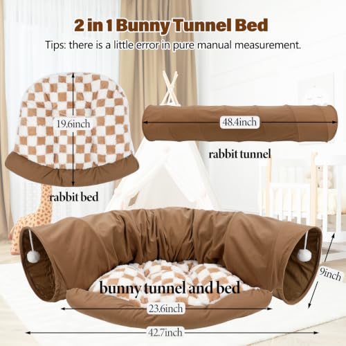 BWOGUE Bunny Tunnel Bed, Collapsible Rabbit Tunnel Hideout with Mat, Coffee | Removable Mat for Washing, Ball Toy for Play, Tunnel Tubes for Hiding, Soft Suede Fabric, Cats Rabbits Guinea Pigs - color: Coffee