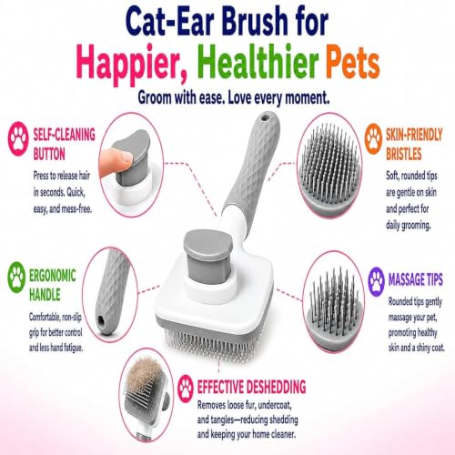 Generic Pet Grooming Brush, Gray - Self Cleaning Dematting Comb for Cats and Dogs, Bristles with Massage Particles, Ergonomic Handle Design, Easy to Use, for Long or Short Hair Breeds, Stainless Steel - color: Gray