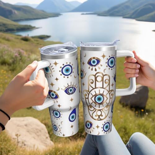 30oz Evil Eye Stainless Steel Tumbler with Handle and Straw, Evil Eyes Hand Insulated Cup Travel Coffee Mug Water Bottle with Lid and Straw, Women Gifts - color: EvilEye