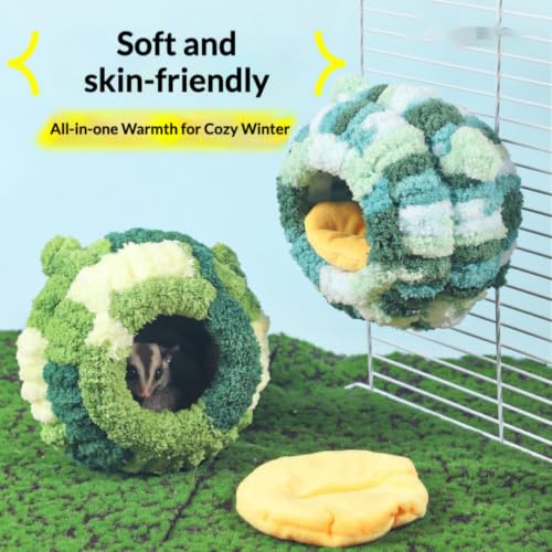 Hand-Knitted Sugar Glider Bed, Warm Small Animal Hideout, Fluffy Hamster Hammock with Sturdy Frame, Washable Cute Bear Ear Pouch, Secure Cage Attachment Nest (Green) - color: Green