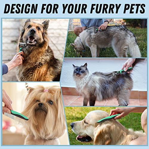 Docrok Pet Grooming Brush and Metal Comb Combo for Dogs & Cats, Green | Dematting Deshedding Undercoat Rake, Cat Brush Dog Brush Shedding Tool for Long Matted Haired Pets - color: Green
