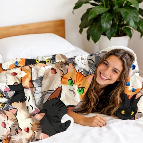 Cat Blanket Gifts for Girls Women Cat Lovers Soft Warm Flannel Cats Throw Blanket Cute Birthday Decorations 50"x40" - color: Black Cat