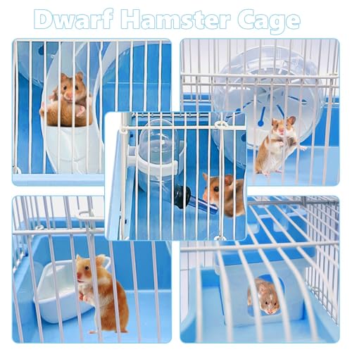 PINVNBY 2-Tier Dwarf Hamster Cage, Travel Portable Guinea Pig Cages Rat Cage and Habitats Small Animal Carrier with Castle House Exercise Wheels, Water Bottle and Food Dish(Blue) - color: Blue, size: M: 11.7x8.7x9.8in