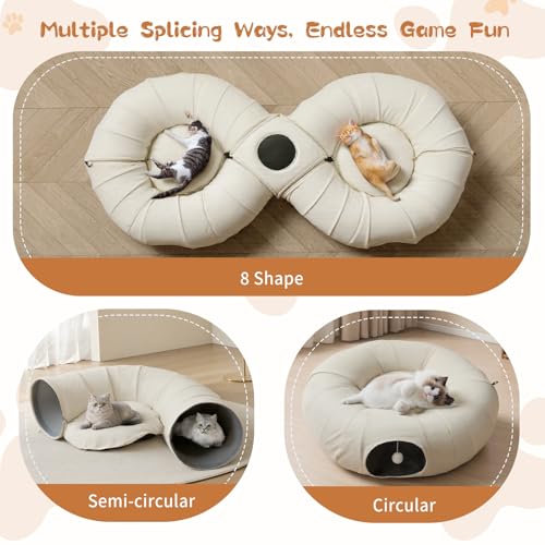 Pawaboo 2-in-1 Cat Tunnel Bed, 8-Shaped Cat Tunnels, Beige | Foldable Cats Cave Hideout Kitty Toys with Fluffy Balls, Donut Tunnel for Kitten Rabbit Ferret - color: Beige, size: 68.9 x 31.5 x 11.8in