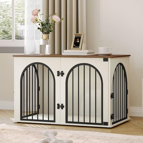 39.4" Wooden Dog Crate Furniture, Indoor Dog Kennel Dogs Cage for Small/Medium/Large Dogs, Heavy Duty Dog Crates Decorative Pet House End Side Table TV Stand, White Brown DFC84114B | Dog Kennel Furniture Wooden Dog Cage Heavy Duty Dog Crate Decorative Pet