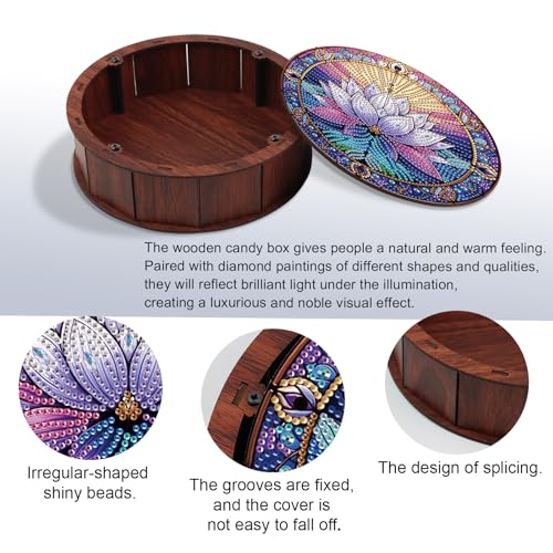 JISHSHAY Diamond Art Storage Box Lotus Diamond Painting Wooden Snack Box Flower Gem Painting Candy Box Gem Art Organizer Case Embroidery Kit Mosaic Kits for Adults Storage Containers with Lid - color: Lotus