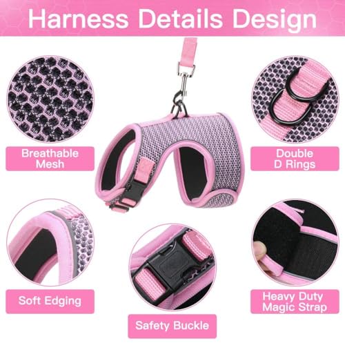 PUPTECK Soft Mesh Cat Vest Harness and Leash Set Puppy Padded Pet Harnesses Escape Proof for Cats Small Dogs Rabbits Bunny - color: Light Pink(Reflective), size: L(NECK 8.5"-10.5", CHEST 12.5"-15", 6-10 lbs)
