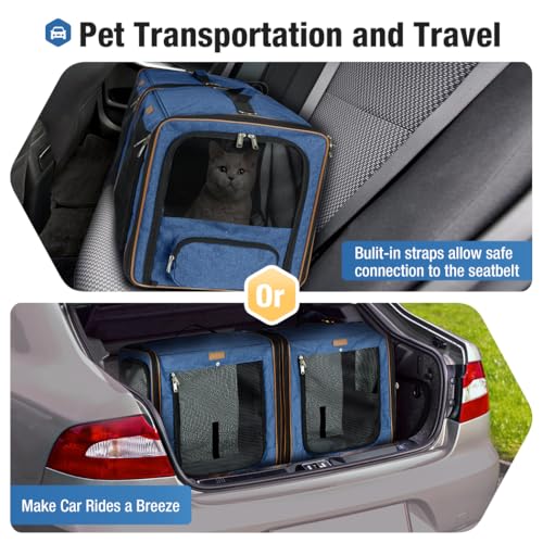 Lekereise Large Cat Carrier for 2 Cats, 2-in-1 Cat Travel Carrier with Litter Box, (17.7" x2) x16.5"x13" Pet Carrier with Zipper Locks for Moving Across The Country (No Hammock) - Blue - color: Blue