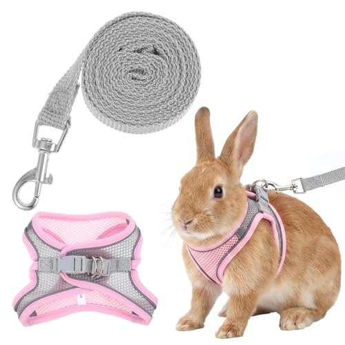 Adjustable Rabbit Harness and Leash Set, Escape Proof Breathable Mesh Rabbit Vest, Small Pet Harness and Leash for Rabbit Kitten Ferret Puppy, Pink Gray Walking Accessories