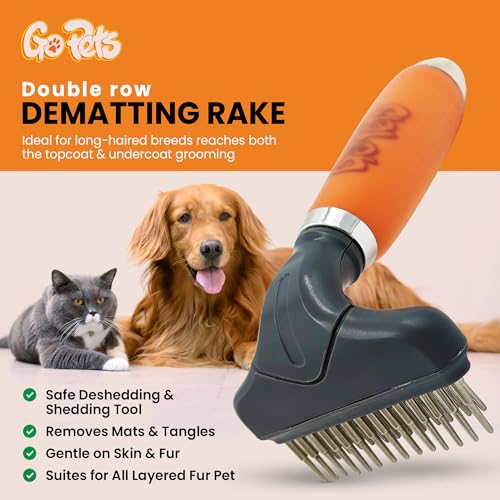 Double Row Dematting Rake Undercoat Deshedding Tool for Dogs & Cats | Dog Brush for Shedding and Grooming, Long Hair Pet Grooming Brush for Mat Removal, Detangling, and Shedding Control - style: Double Row Dematting Comb