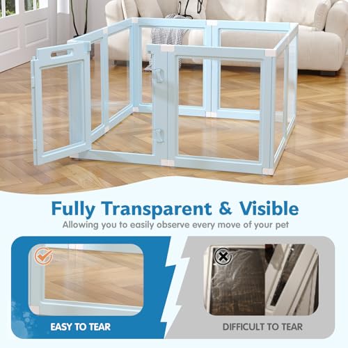 DIY Clear Acrylic Dog Playpen Indoor, Transparent Easy Cleansing Puppy Fence with Suction Cup, Easy-Assemble Indoor Whelping Crate for Small Puppies (23.6" H, 8PCS), Blue