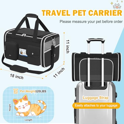 HUANLANG Large Cat Carrier Soft Sided Travel Pet Carrier Airline Approved | Dog Carriers for Small Dogs Medium Cats,Collapsible,3 Storage,zipper lock,Reflective strips,Luggage Strap,Up to 15 Lbs, Black - color: Black 1