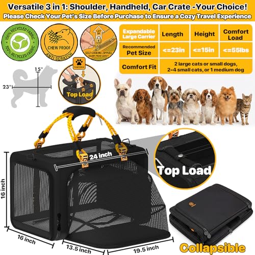 PAWZIDEA Large Pet Carrier Expandable, 24"×16"×16" Soft-Sided Cat Carrier for 2–4 Cats up 55lb, Portable & Collapsible Small Medium Dog Travel Crate for Car, XL Storage Pocket, ID Card, Shoulder Strap - color: Black Warrior, size: 24.0"L x 16.0"W x 16.0"H