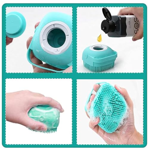 Pet Grooming Brush Bath Soft Silicone Bristle Brush with Soap and Shampoo Dispenser (Blue)