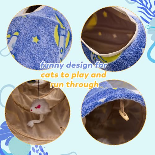 Glowing Astronaut Pattern Cat Tunnel - Collapsible with Plush Balls, Ideal for Indoor Cats, Rabbits, Kittens, Ferrets & Puppies (Blue) - color: BLUE