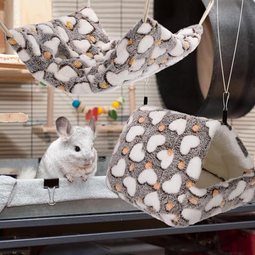 MCEAST 4 Pieces Small Pets Cage Accessories Hanging Hammock Sleeping Bag Tunnel and Bed Hideout Set Warm Sleep Nap Sack Bed for Hamster Ferret Squirrel Rabbit, Coffee Hearts - style: Coffee Hearts