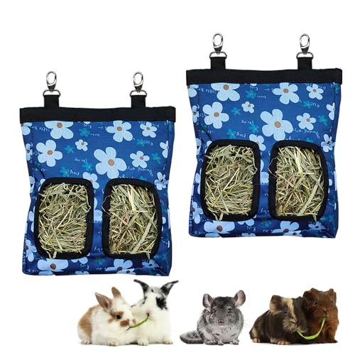 RIOUSSI Guinea Pig Hay Feeder, Hanging Rabbit Hay Feeder Bag.BlueFlower,2Ct | Upgraded Double Layer Fabric | Bite Resistant | Cleaner Hay & Less Mess | Small Animal Hay Holder for Bunnies & Chinchillas - color: Blueflower-2pack