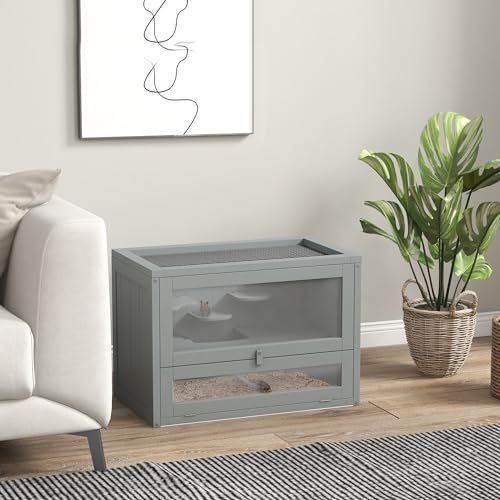 PawHut 2-Level Hamster Cage, Mouse Cage for Chinchillas, Gray | Mice and Rat House, Small Animal Habitat, Front Door, Shelf, Ladder, Openable Top - color: Gray
